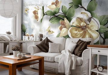 Фотообои De-Art Магнолия 3Д карамель в интерьере гостиной